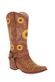 Motif tournesol marron sur bout pointu Bottes de cow-girl à talon épais