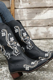 Bottes western noires brodées à bout pointu et à talon épais