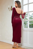 Robe de bal corset fendue en velours bordeaux avec manches