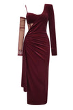 Robe de bal corset fendue en velours bordeaux avec manches