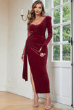 Robe de bal corset fendue en velours bordeaux avec manches