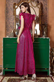 Robe longue de bal à volants fuchsia à manches longues