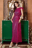 Robe longue de bal à volants fuchsia à manches longues