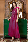 Robe longue de bal à volants fuchsia à manches longues