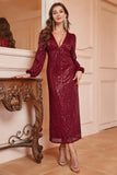 Robe de bal bordeaux scintillante à col en V et manches longues