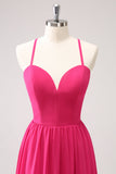 Fuchsia Spaghetti Straps Robe de demoiselle d’honneur longue en mousseline de soie avec fente