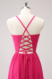 Fuchsia Spaghetti Straps Robe de demoiselle d’honneur longue en mousseline de soie avec fente