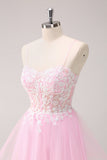 Rose A Ligne Spaghetti Bretelles Tulle Corset Robe de bal avec appliques