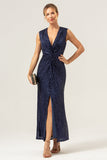Robe de bal scintillante bleu marine à paillettes à paillettes avec fente