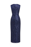 Robe de cocktail midi à sequins à col en V bleu marine avec fente