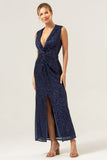 Robe de bal scintillante bleu marine à paillettes à paillettes avec fente