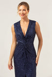 Robe de bal scintillante bleu marine à paillettes à paillettes avec fente