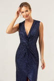 Robe de bal scintillante bleu marine à paillettes à paillettes avec fente