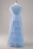 Gris bleu trapèze col V à plusieurs niveaux Tulle robe de demoiselle d’honneur longue avec fente