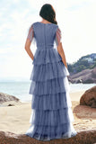 Gris bleu trapèze col V à plusieurs niveaux Tulle robe de demoiselle d’honneur longue avec fente