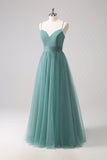 Robe de demoiselle d’honneur en tulle a-ligne à bretelles spaghetti eucalyptus