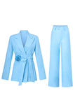 Blue Peak Lapel Costumes 2 pièces pour femmes avec ceinture