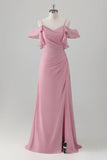 Robe de demoiselle d’honneur en mousseline de soie rose A-ligne à épaules froides avec fente