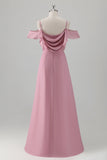 Robe de demoiselle d’honneur en mousseline de soie rose A-ligne à épaules froides avec fente