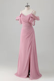 Robe de demoiselle d’honneur en mousseline de soie rose A-ligne à épaules froides avec fente