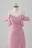 Robe de demoiselle d’honneur en mousseline de soie rose A-ligne à épaules froides avec fente