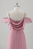 Robe de demoiselle d’honneur en mousseline de soie rose A-ligne à épaules froides avec fente