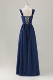 Bleu foncé Corset Trapèze Col Carré Robe Longue Demoiselle D’honneur Avec Lacets Dans Le Dos