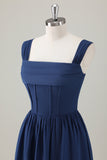 Bleu foncé Corset Trapèze Col Carré Robe Longue Demoiselle D’honneur Avec Lacets Dans Le Dos