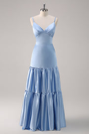 Robe de demoiselle d’honneur longue en satin à bretelles spaghetti trapèze bleu ciel