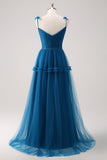 Robe de demoiselle d’honneur longue en tulle a-ligne à bretelles spaghetti bleu foncé