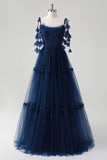 Bleu marine A-ligne spaghetti bretelles Fleurs Corset Volants Tulle Robe longue de demoiselle d’honneur