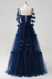 Bleu marine A-ligne spaghetti bretelles Fleurs Corset Volants Tulle Robe longue de demoiselle d’honneur