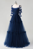 Bleu marine A-ligne spaghetti bretelles Fleurs Corset Volants Tulle Robe longue de demoiselle d’honneur