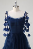 Bleu marine A-ligne spaghetti bretelles Fleurs Corset Volants Tulle Robe longue de demoiselle d’honneur