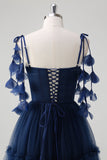 Bleu marine A-ligne spaghetti bretelles Fleurs Corset Volants Tulle Robe longue de demoiselle d’honneur