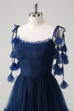 Bleu marine A-ligne spaghetti bretelles Fleurs Corset Volants Tulle Robe longue de demoiselle d’honneur