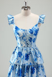 Bleu Floral A Ligne Corset Robe de demoiselle d’honneur longue avec fente