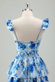 Bleu Floral A Ligne Corset Robe de demoiselle d’honneur longue avec fente