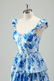 Bleu Floral A Ligne Corset Robe de demoiselle d’honneur longue avec fente