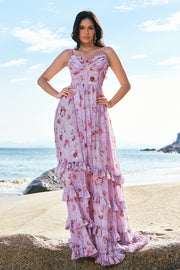 Gris violet floral A-ligne spaghetti bretelles Corset robe de demoiselle d’honneur avec fente