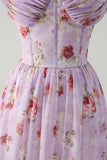 Corset floral violet gris Une ligne spaghetti bretelles Robe de demoiselle d’honneur avec fente