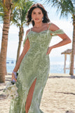 Dusty Sage Cold Shoulder A-ligne Jacquard Robe de demoiselle d’honneur longue avec fente