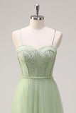 Sage A Line Spaghetti Straps Corset Robe de demoiselle d’honneur en tulle long