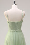 Sage A Line Spaghetti Straps Corset Robe de demoiselle d’honneur en tulle long