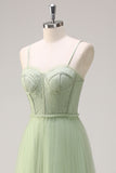 Sage A Line Spaghetti Straps Corset Robe de demoiselle d’honneur en tulle long