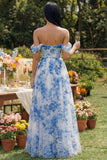 Robe de demoiselle d’honneur trapèze à fleurs blanches et bleues avec fente