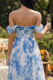 Corset A-Line dénudé robe longue en tulle fleuri bleu