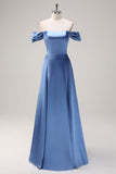 Dusty Blue A Ligne Off The Shoulder Satin Robe de demoiselle d’honneur longue