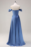 Dusty Blue A Ligne Off The Shoulder Satin Robe de demoiselle d’honneur longue