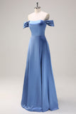 Dusty Blue A Ligne Off The Shoulder Satin Robe de demoiselle d’honneur longue